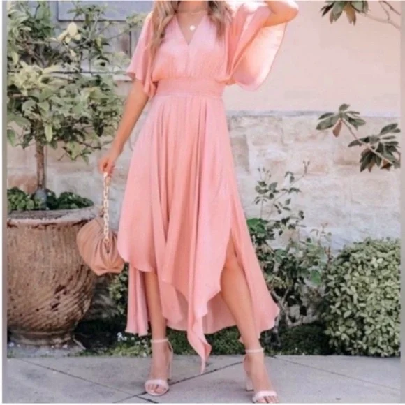 Vici | Dresses | Pink Satin Maxi Dress Smocked Vici | Poshmark